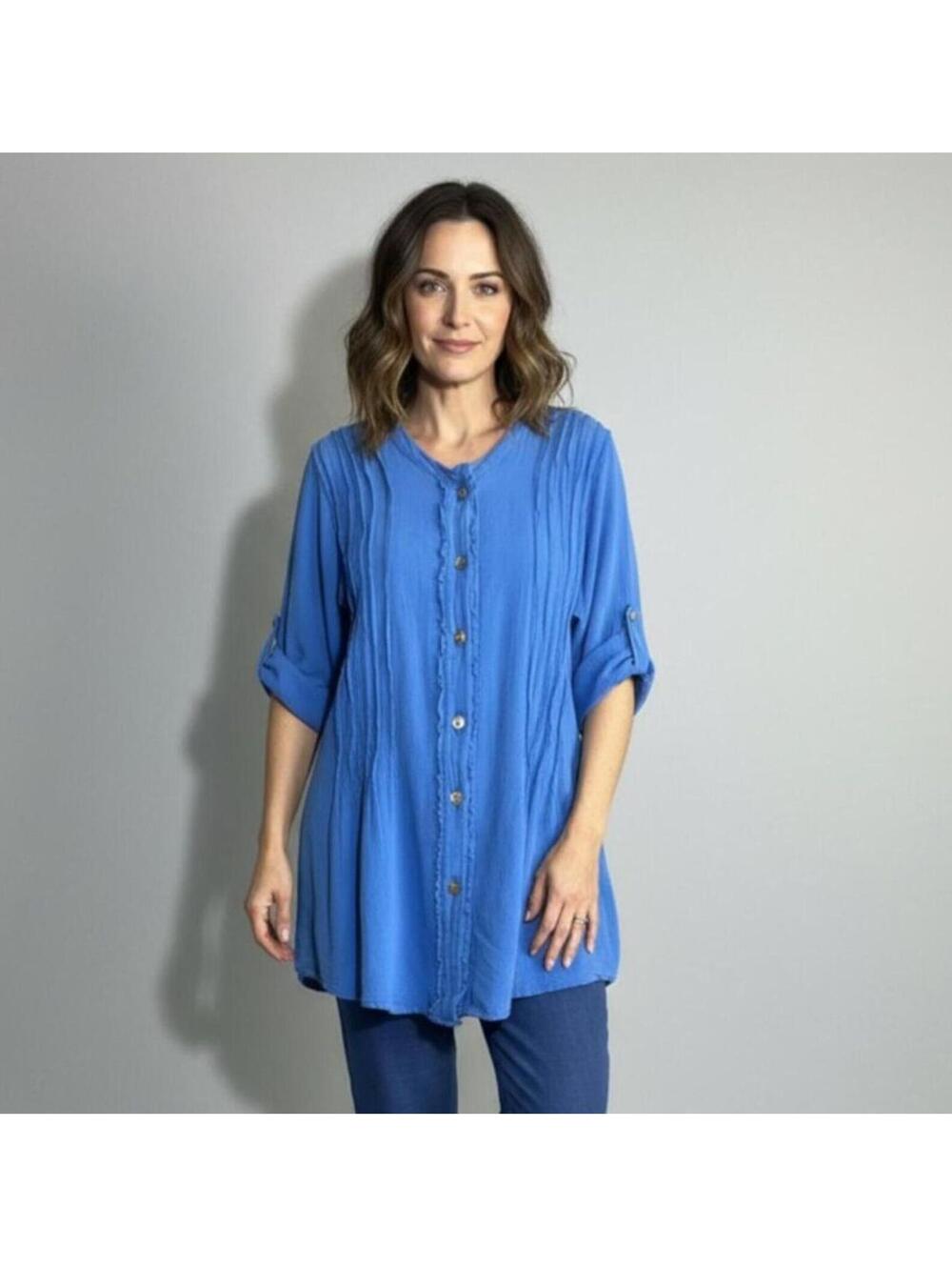 Women's Textured Button Up Tunic Top Blue 3/4 Sleeve Cotton NWT Medium Boho - Picture 2 of 7
